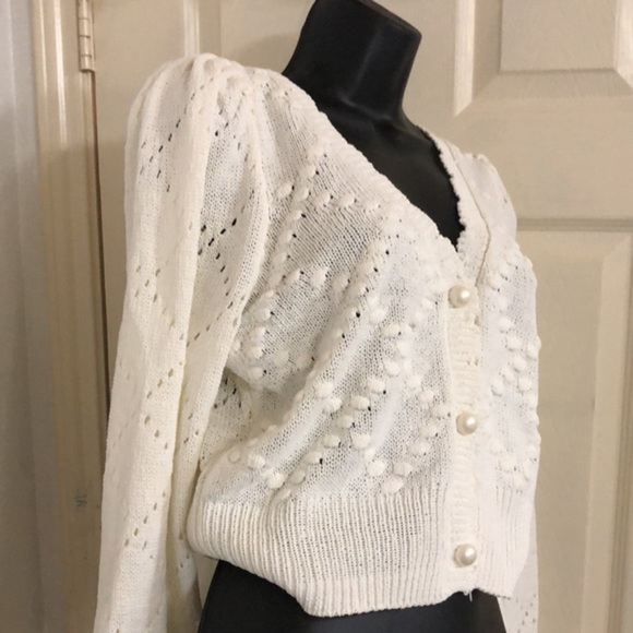 Jessica Simpson cream crochet‎ eyelet look dotted v-neck cardigan sweater size M - Picture 8 of 11